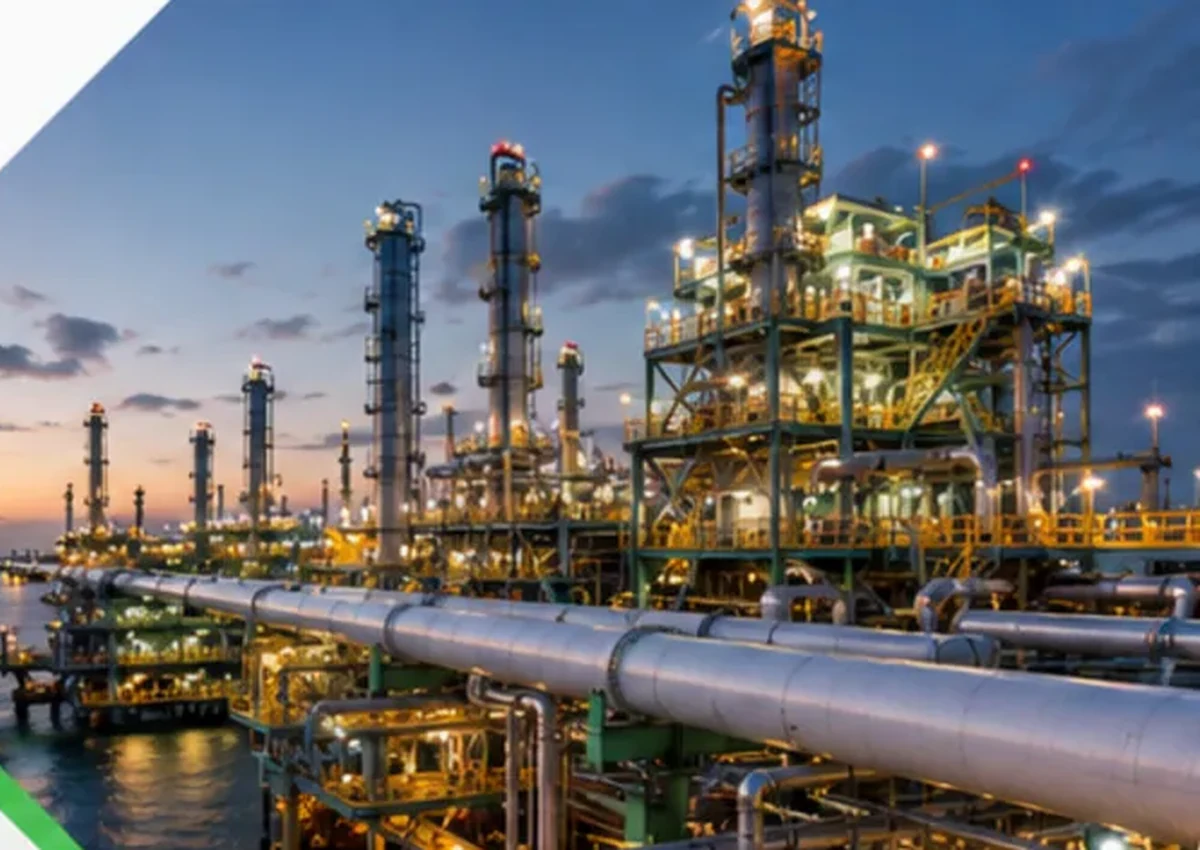 Oil and gas processing facility at dusk